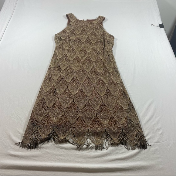 S.L. Fashions Dresses & Skirts - S L Fashions Vintage Mini Dress Women’s 12 Gold Sleeveless Fringe Dress Lace